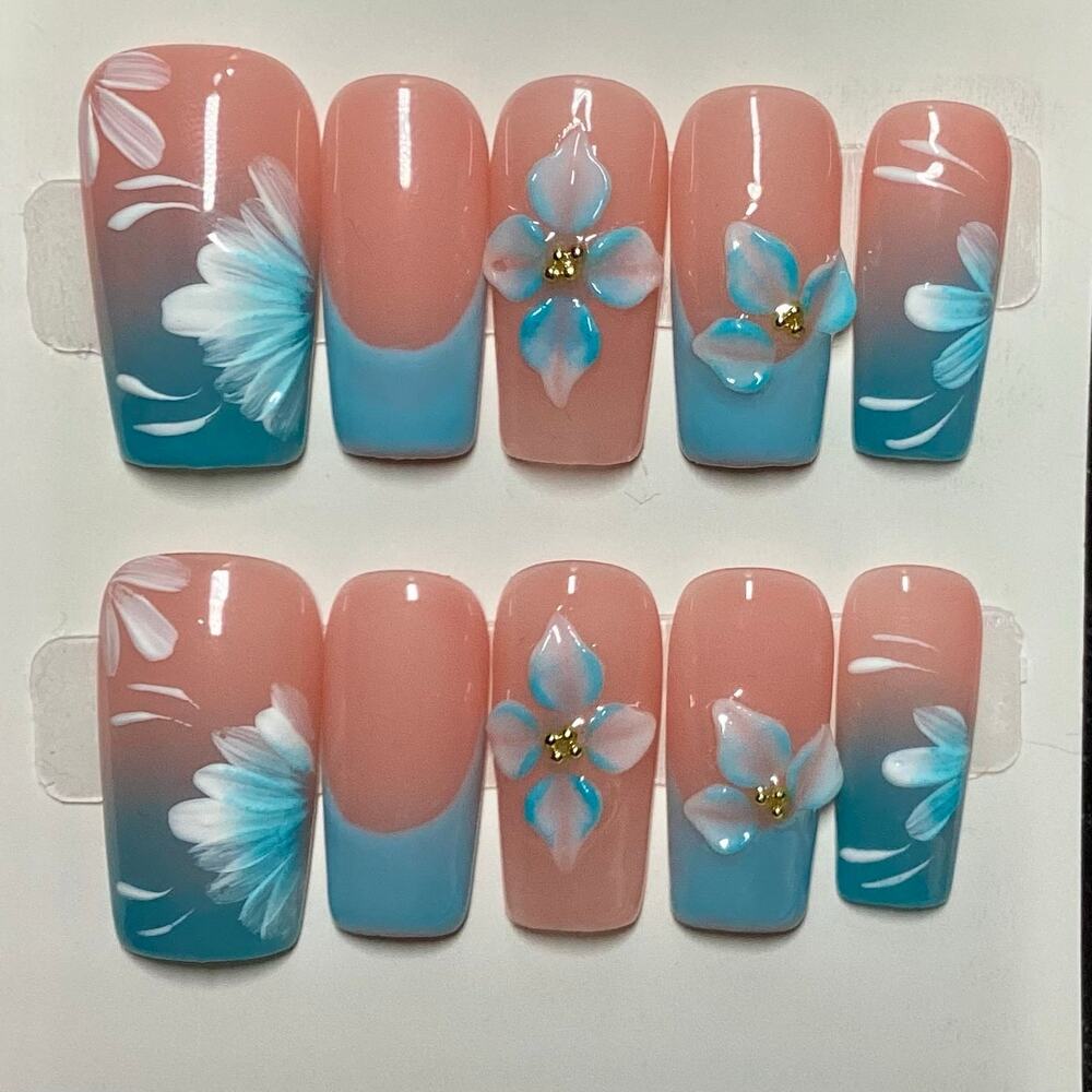 Hand-painted 3D Flower Aqua Blue French Tip Handmade Square Press On Nail Large